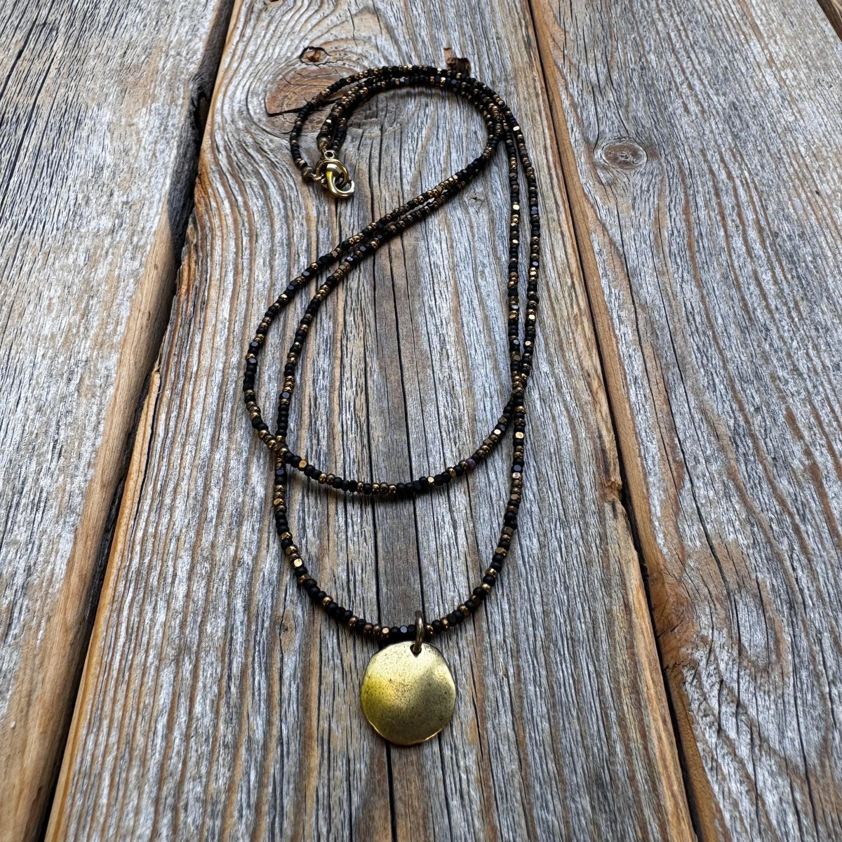 Black Bead Double Strand Necklace – Bronze Pendant, Boho Chic Jewelry