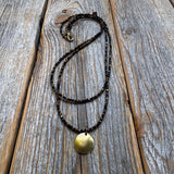 Black Bead Double Strand Necklace – Bronze Pendant, Boho Chic Jewelry