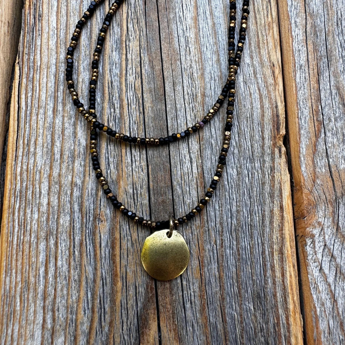 Black Bead Double Strand Necklace – Bronze Pendant, Boho Chic Jewelry