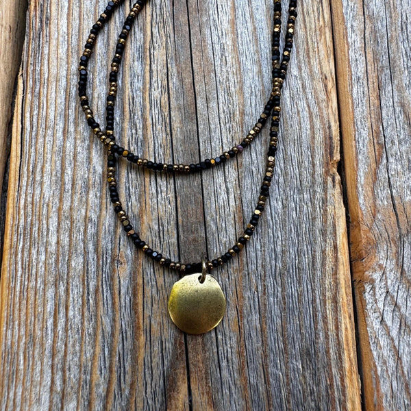 Black Bead Double Strand Necklace – Bronze Pendant, Boho Chic Jewelry