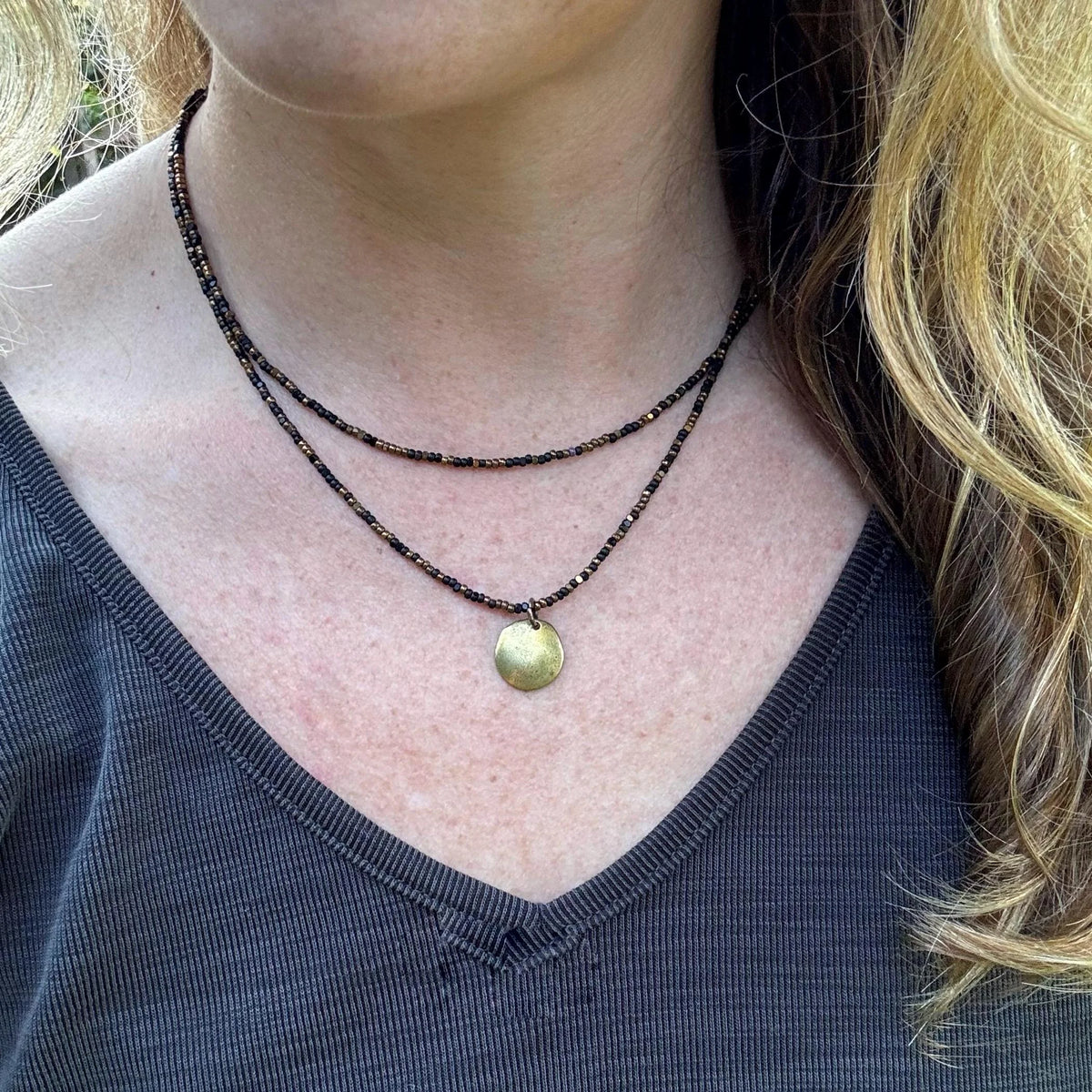 Black Bead Double Strand Necklace – Bronze Pendant, Boho Chic Jewelry