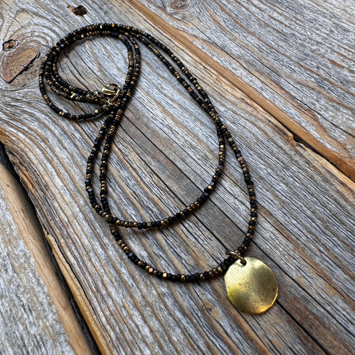 Black Bead Double Strand Necklace – Bronze Pendant, Boho Chic Jewelry