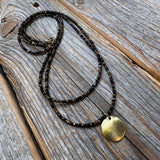 Black Bead Double Strand Necklace – Bronze Pendant, Boho Chic Jewelry