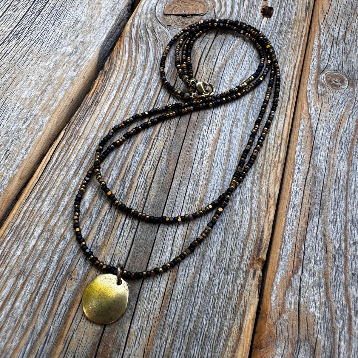 Black Bead Double Strand Necklace – Bronze Pendant, Boho Chic Jewelry