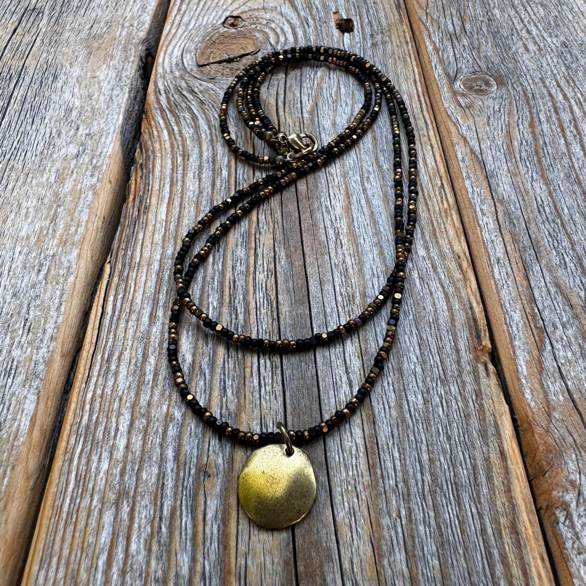 Black Bead Double Strand Necklace – Bronze Pendant, Boho Chic Jewelry