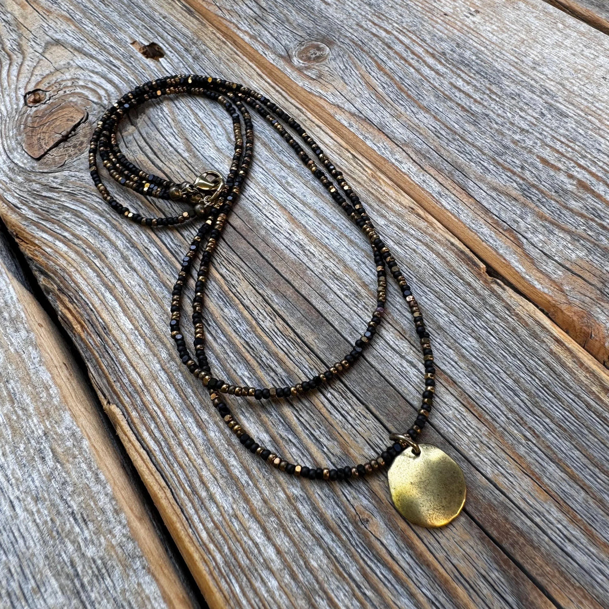Black Bead Double Strand Necklace – Bronze Pendant, Boho Chic Jewelry