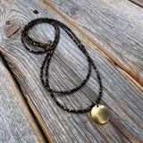 Black Bead Double Strand Necklace – Bronze Pendant, Boho Chic Jewelry