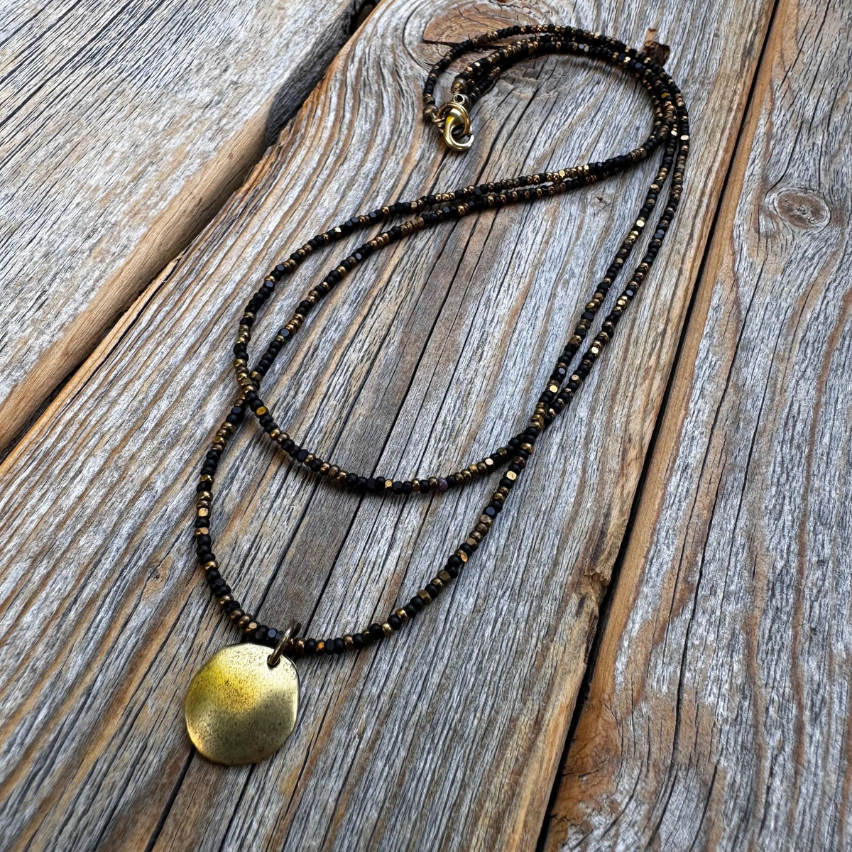 Black Bead Double Strand Necklace – Bronze Pendant, Boho Chic Jewelry
