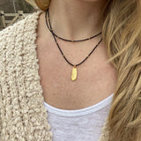 Black Beaded Necklace, Gold Oval Pendant Necklace, Double Strand Bead Necklace, Dainty Black and Gold Necklace, Minimalist Jewelry, Unique