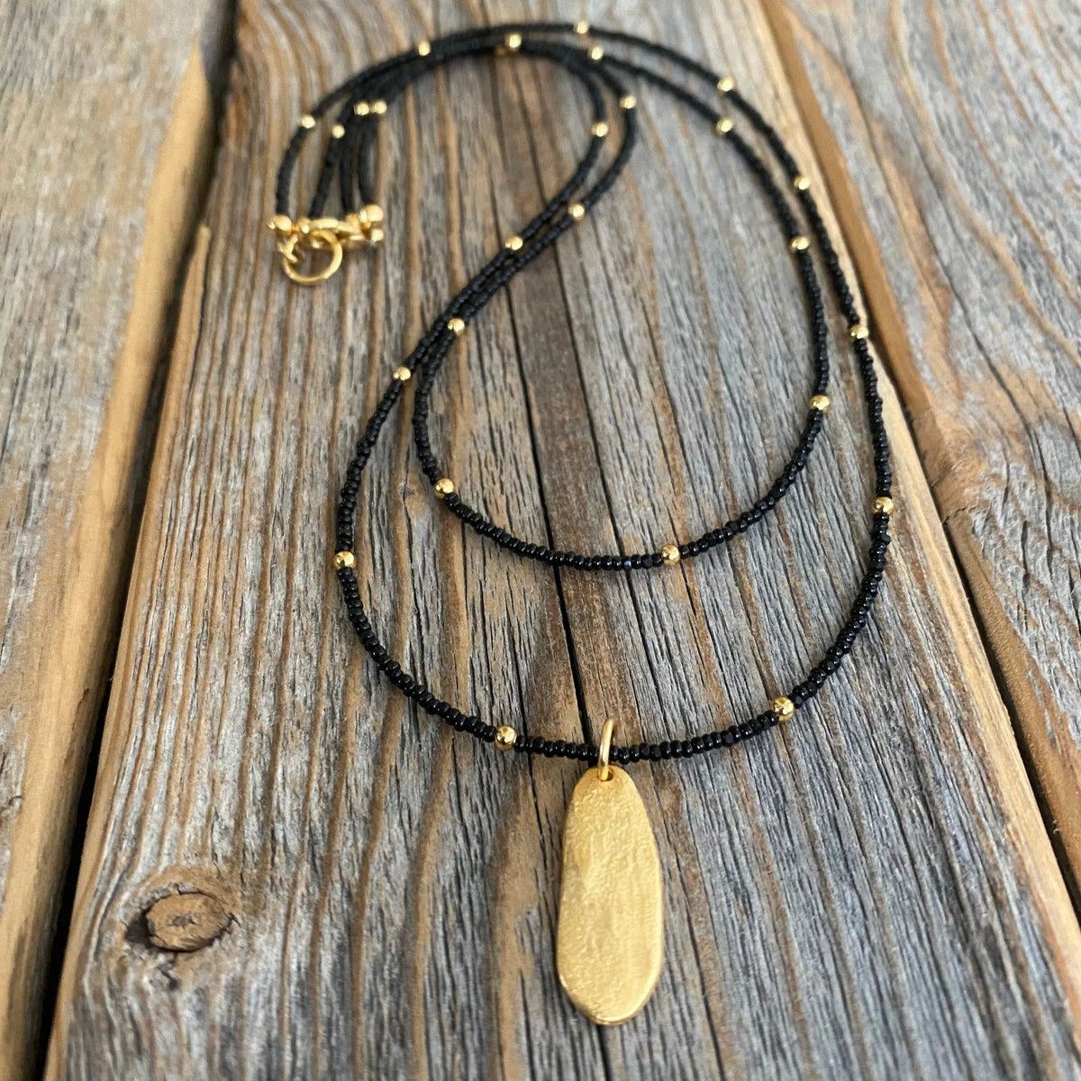 Black Beaded Necklace, Gold Oval Pendant Necklace, Double Strand Bead Necklace, Dainty Black and Gold Necklace, Minimalist Jewelry, Unique