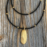 Black Beaded Necklace, Gold Oval Pendant Necklace, Double Strand Bead Necklace, Dainty Black and Gold Necklace, Minimalist Jewelry, Unique