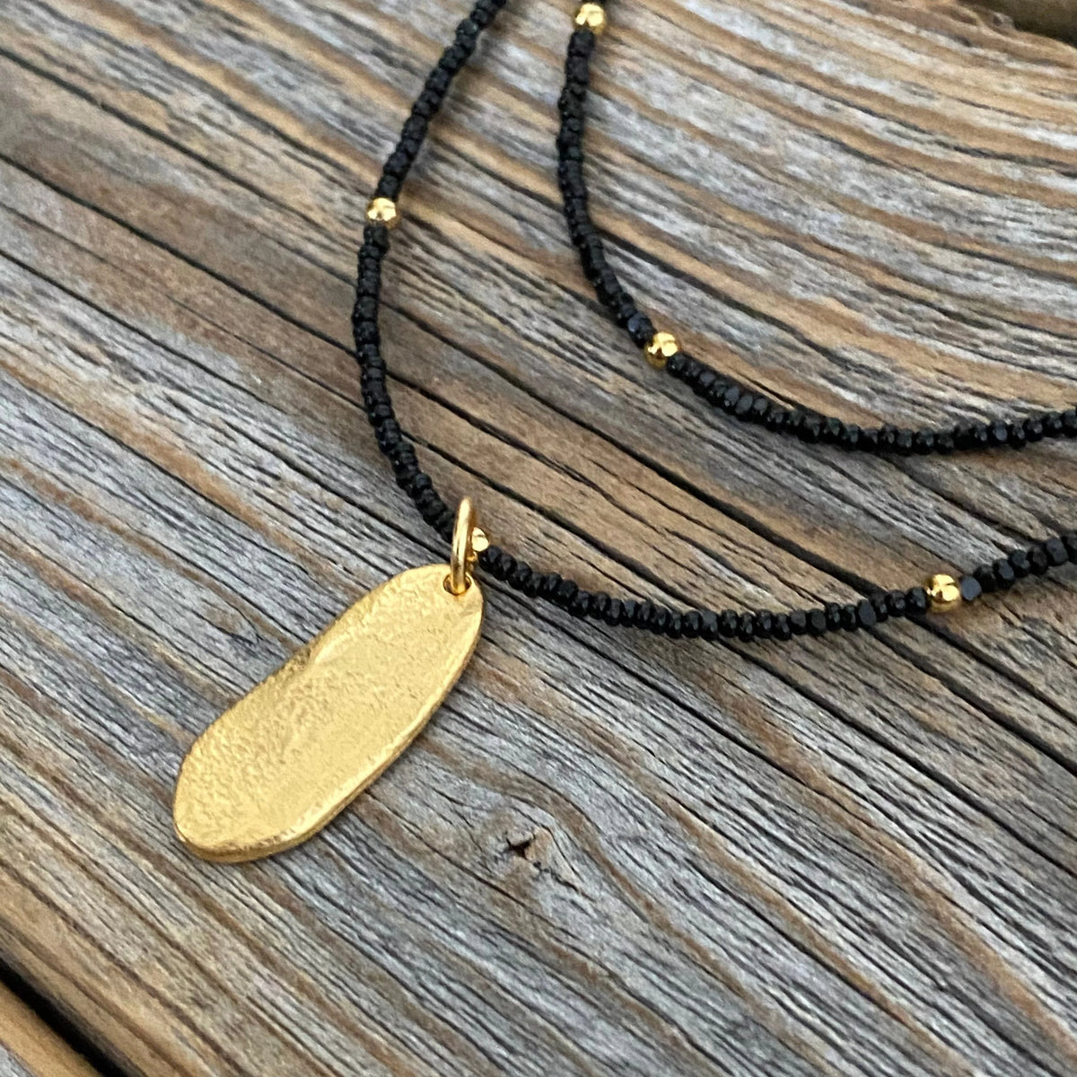 Black Beaded Necklace, Gold Oval Pendant Necklace, Double Strand Bead Necklace, Dainty Black and Gold Necklace, Minimalist Jewelry, Unique