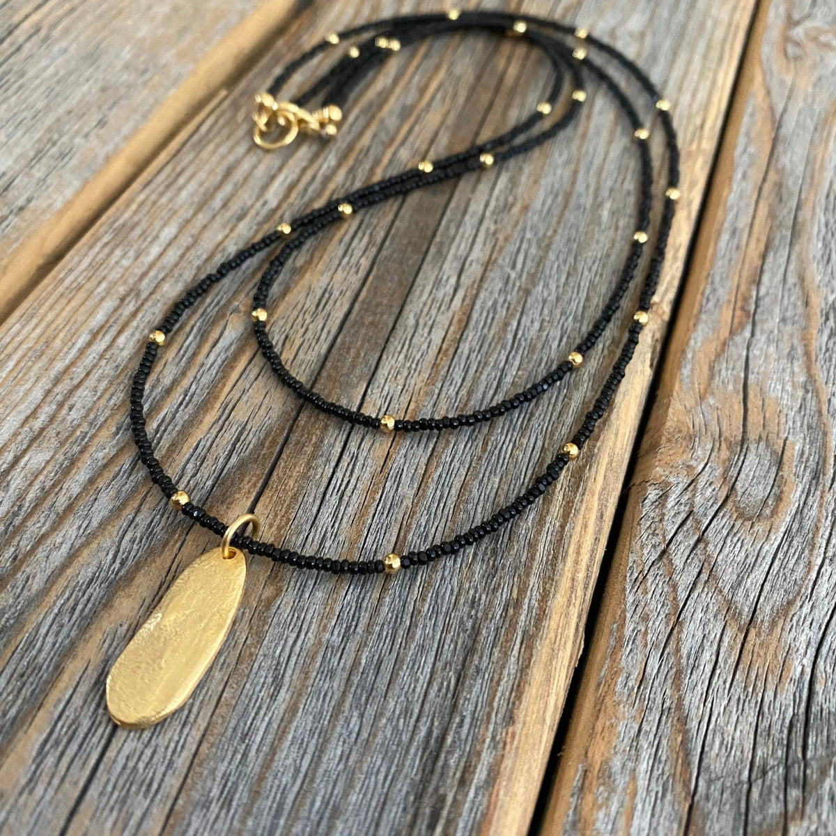 Black Beaded Necklace, Gold Oval Pendant Necklace, Double Strand Bead Necklace, Dainty Black and Gold Necklace, Minimalist Jewelry, Unique