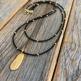 Black Beaded Necklace, Gold Oval Pendant Necklace, Double Strand Bead Necklace, Dainty Black and Gold Necklace, Minimalist Jewelry, Unique
