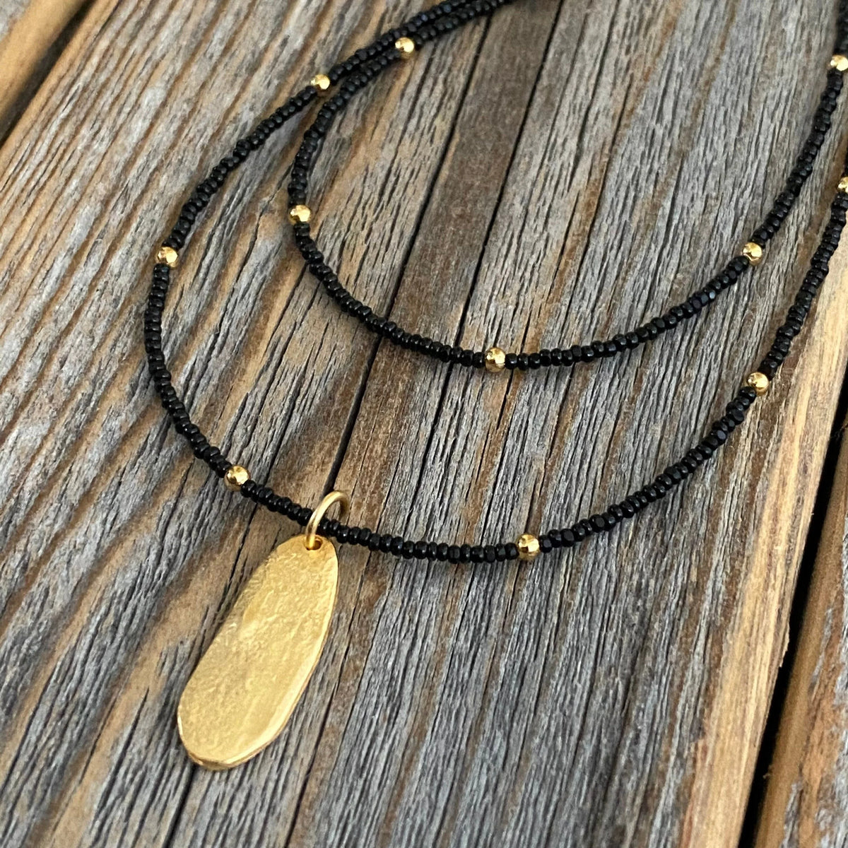 Black Beaded Necklace, Gold Oval Pendant Necklace, Double Strand Bead Necklace, Dainty Black and Gold Necklace, Minimalist Jewelry, Unique