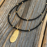 Black Beaded Necklace, Gold Oval Pendant Necklace, Double Strand Bead Necklace, Dainty Black and Gold Necklace, Minimalist Jewelry, Unique
