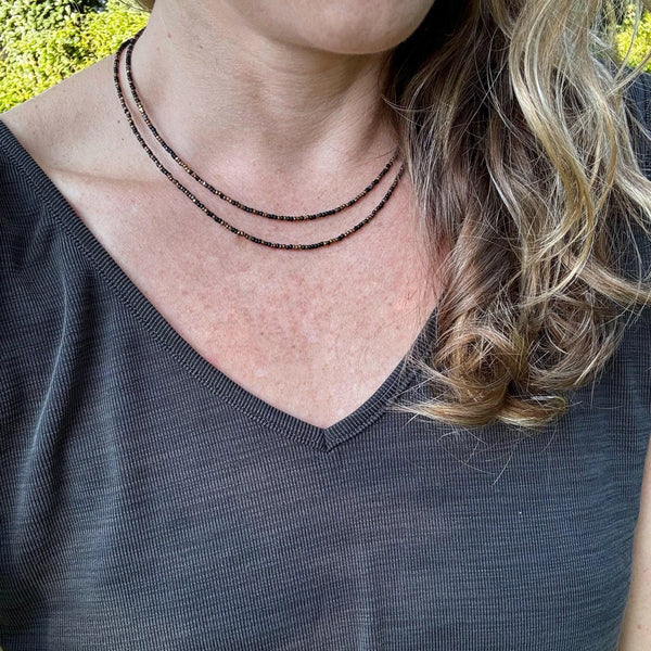 Black & Bronze Czech Glass Beaded Layered Necklace - Dainty Minimalist Jewelry