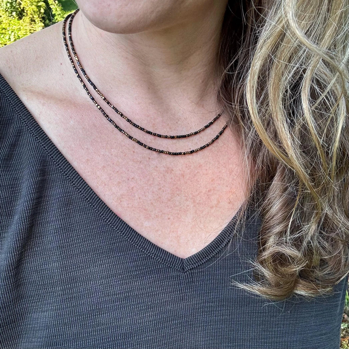Black & Bronze Czech Glass Beaded Layered Necklace - Dainty Minimalist Jewelry