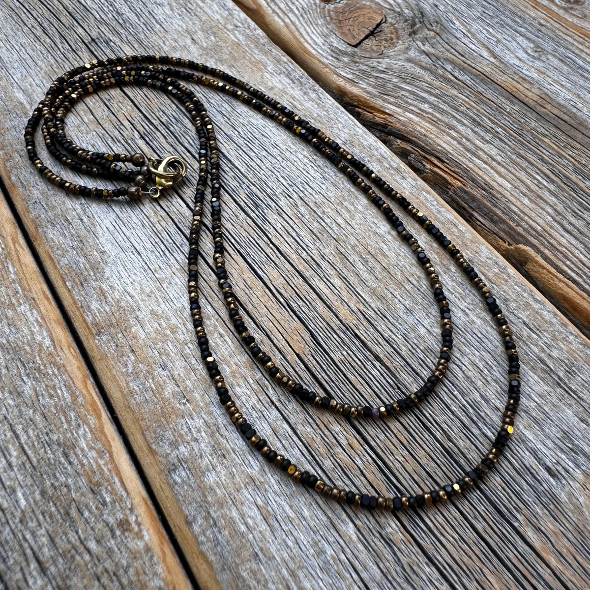 Black & Bronze Czech Glass Beaded Layered Necklace - Dainty Minimalist Jewelry
