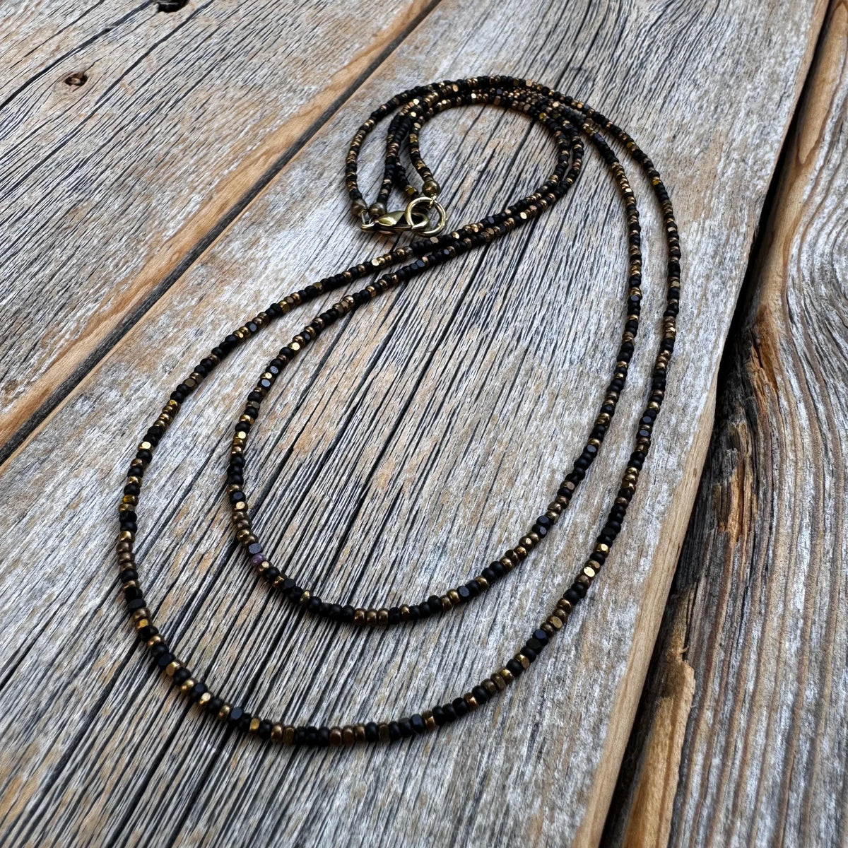Black & Bronze Czech Glass Beaded Layered Necklace - Dainty Minimalist Jewelry