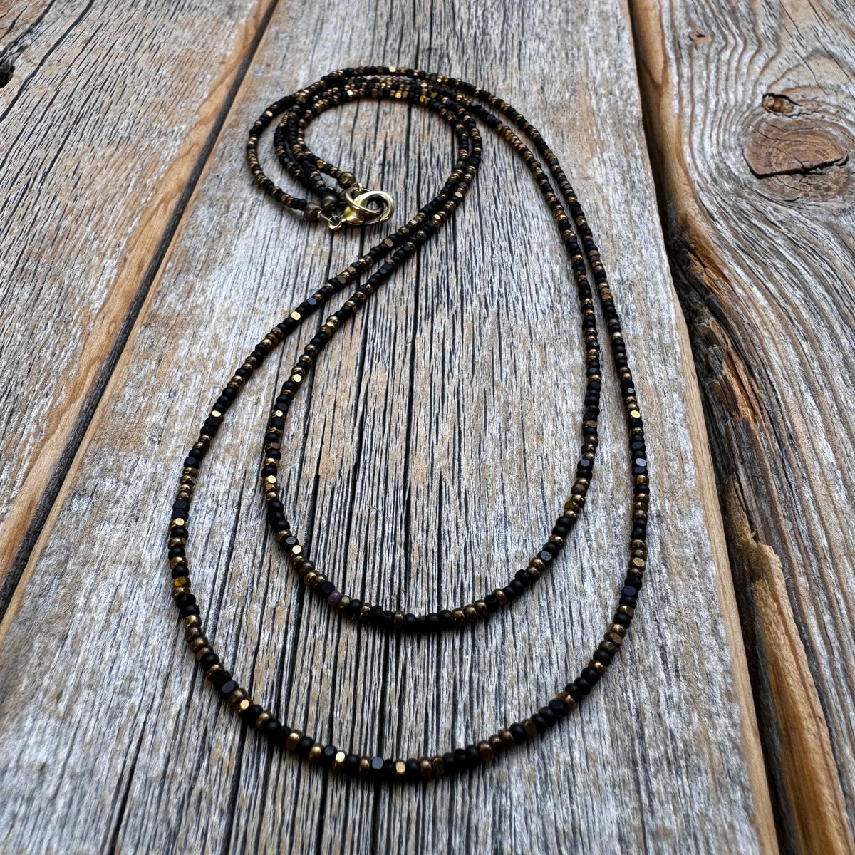 Black & Bronze Czech Glass Beaded Layered Necklace - Dainty Minimalist Jewelry