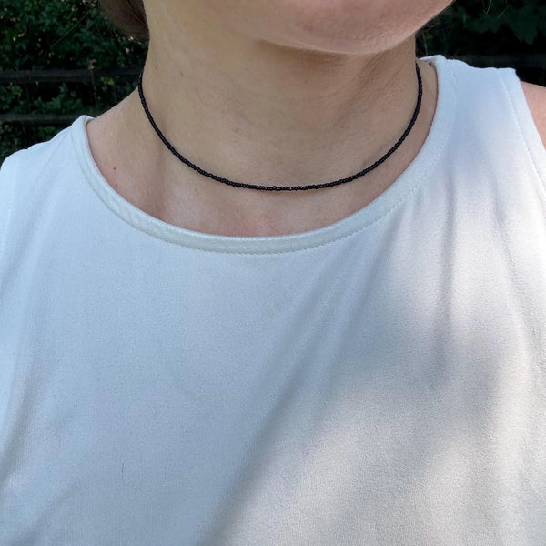 Black Seed Bead Choker Necklace, Minimalist Layering Jewelry, Sterling Silver Clasp