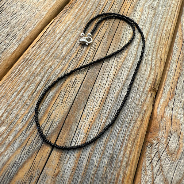 Black Seed Bead Choker Necklace, Minimalist Layering Jewelry, Sterling Silver Clasp