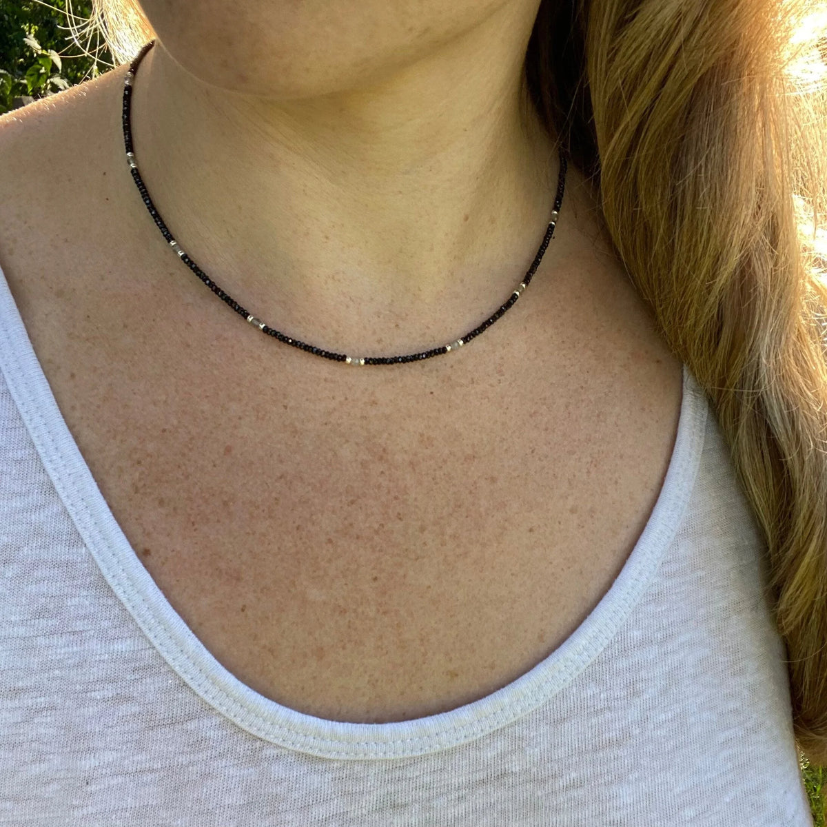 Black Spinel and Labradorite Beaded Necklace – Sterling Silver Accents