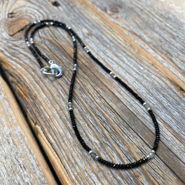 Black Spinel and Labradorite Beaded Necklace – Sterling Silver Accents