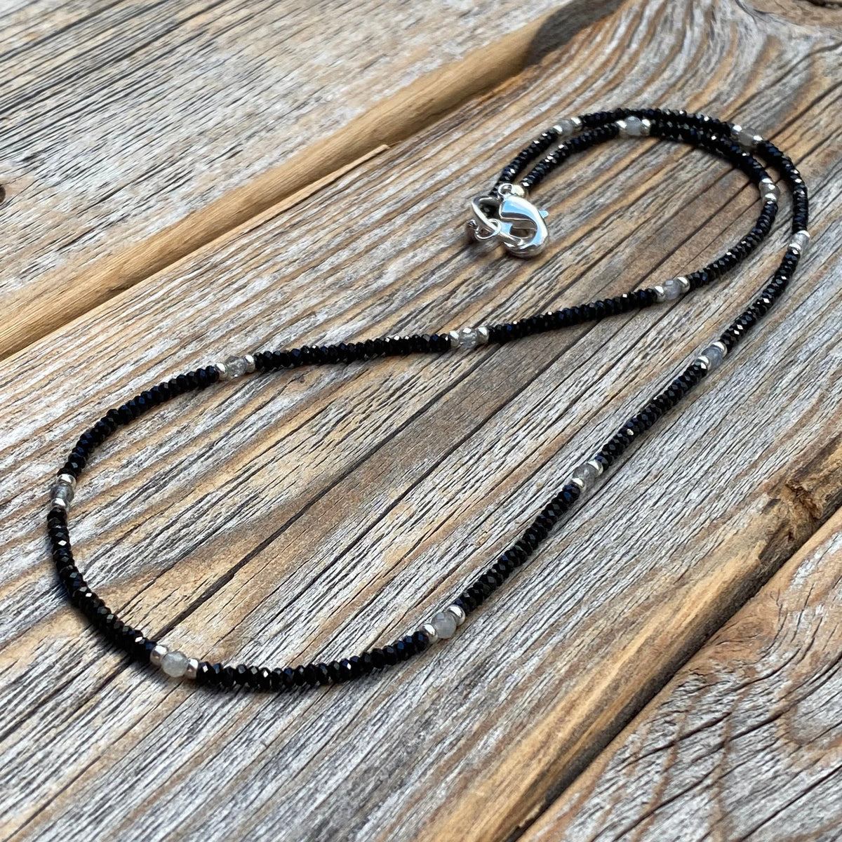 Black Spinel and Labradorite Beaded Necklace – Sterling Silver Accents