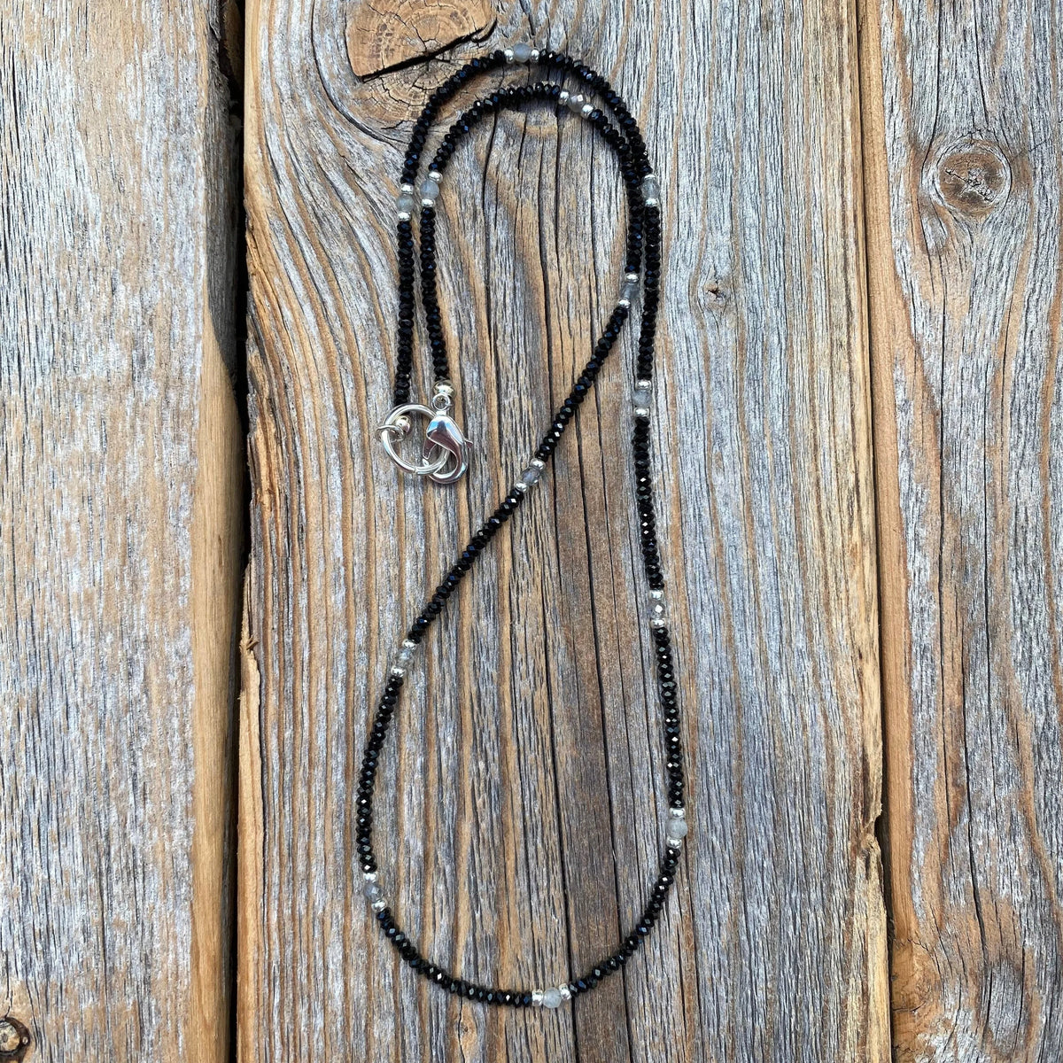 Black Spinel and Labradorite Beaded Necklace – Sterling Silver Accents