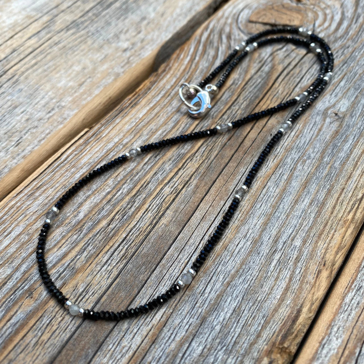 Black Spinel and Labradorite Beaded Necklace – Sterling Silver Accents