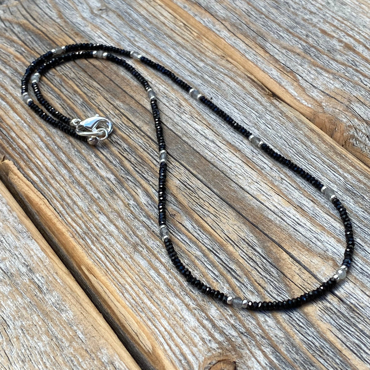 Black Spinel and Labradorite Beaded Necklace – Sterling Silver Accents