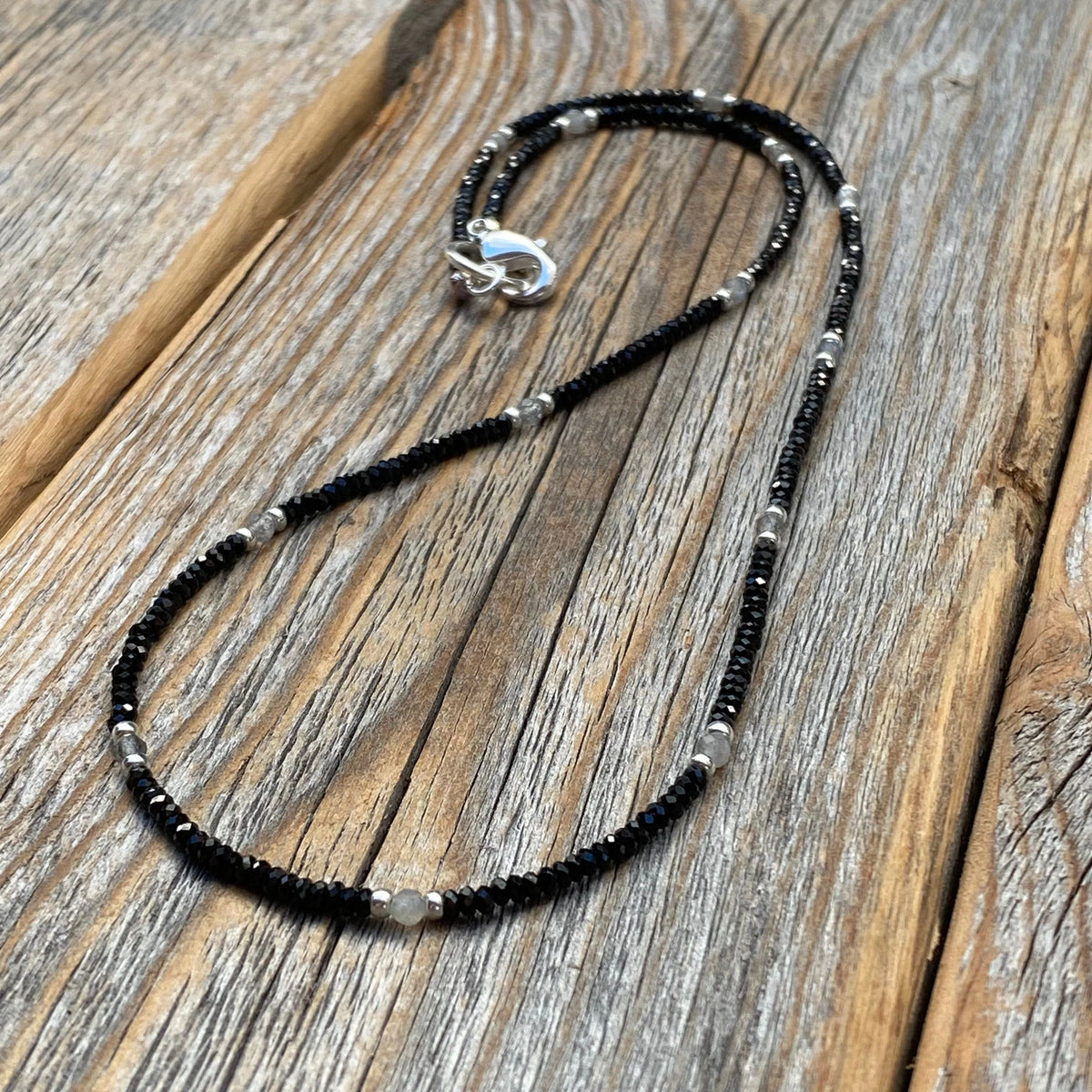 Black Spinel and Labradorite Beaded Necklace – Sterling Silver Accents