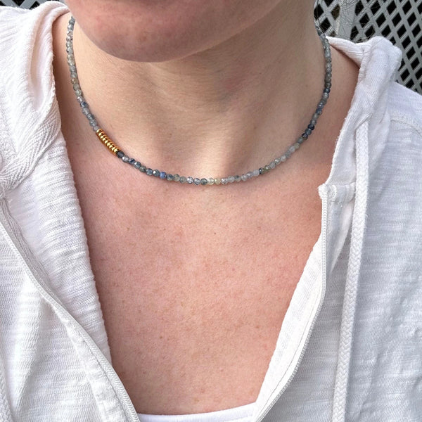 Blue Kyanite Beaded Necklace – 14K Gold-Plated Clasp, Handmade Jewelry