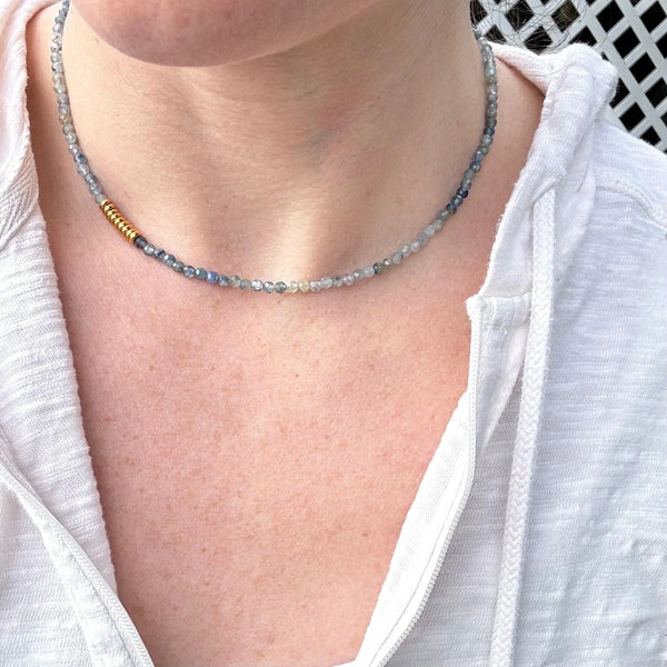Blue Kyanite Beaded Necklace – 14K Gold-Plated Clasp, Handmade Jewelry