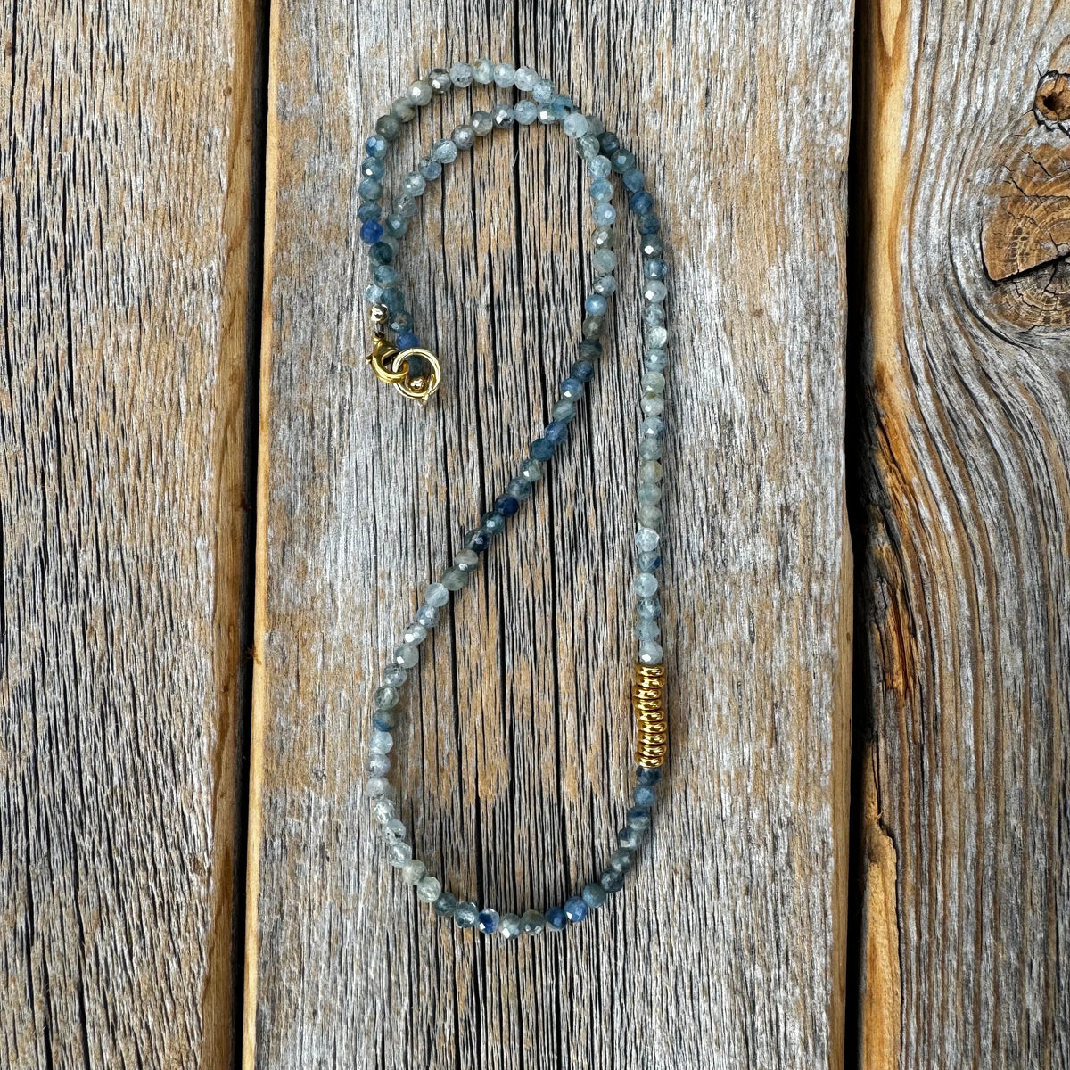 Blue Kyanite Beaded Necklace – 14K Gold-Plated Clasp, Handmade Jewelry