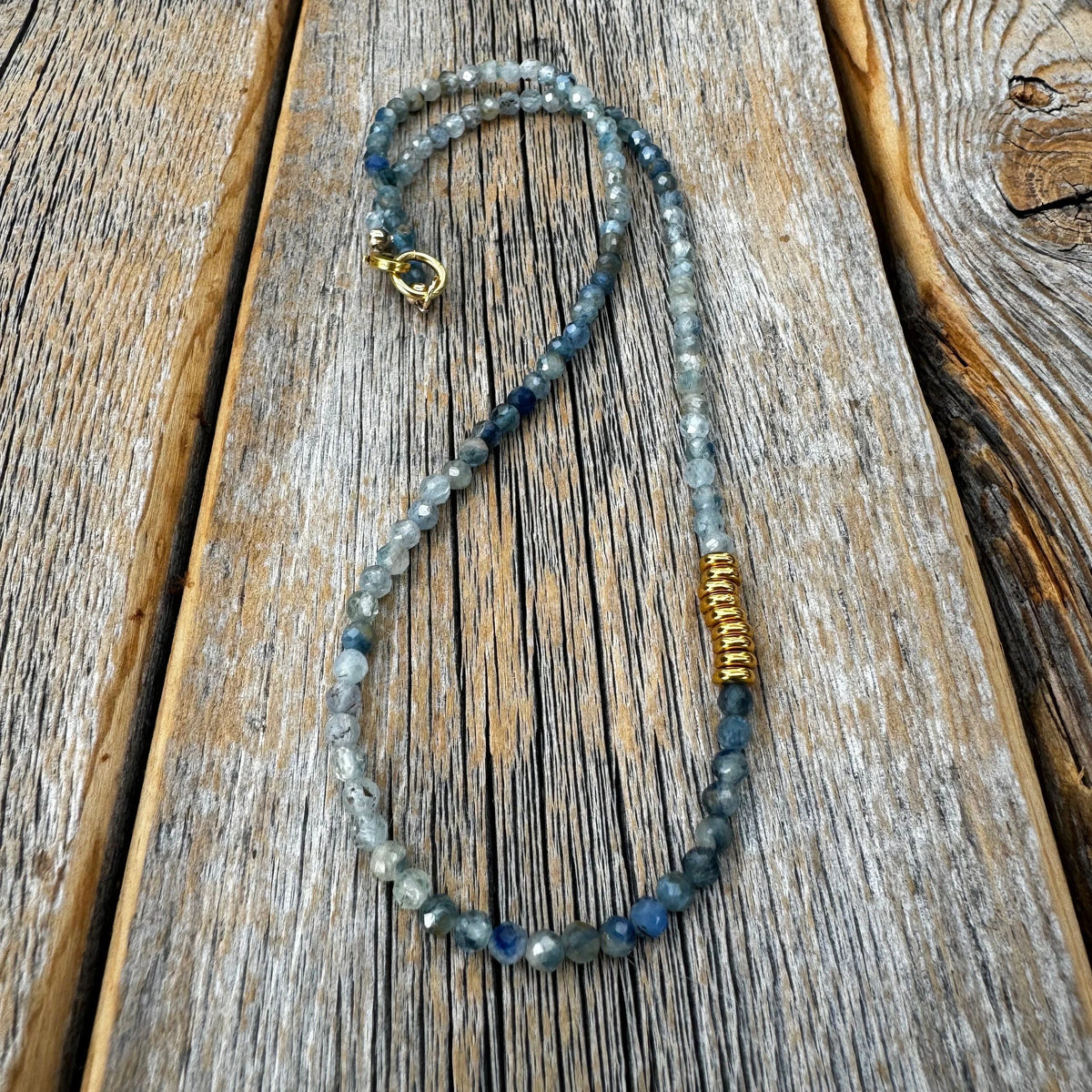 Blue Kyanite Beaded Necklace – 14K Gold-Plated Clasp, Handmade Jewelry
