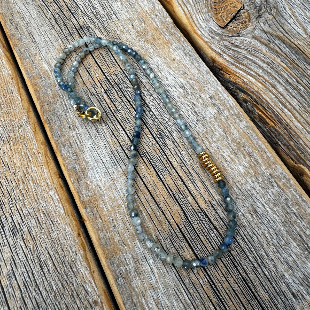 Blue Kyanite Beaded Necklace – 14K Gold-Plated Clasp, Handmade Jewelry