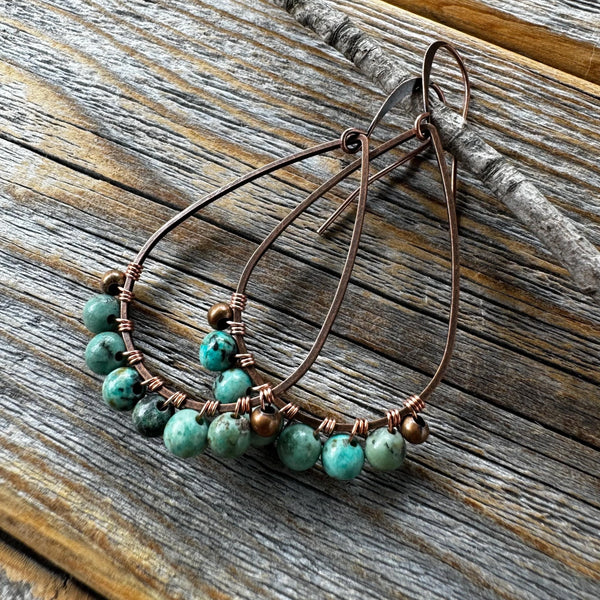 Boho Copper Wire Wrapped African Turquoise Teardrop Earrings