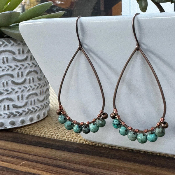 Boho Copper Wire Wrapped African Turquoise Teardrop Earrings