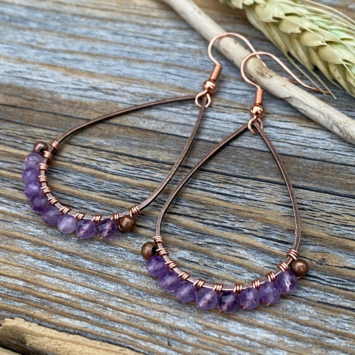 Boho Copper Wire Wrapped Amethyst Teardrop Earrings