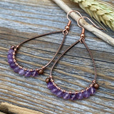 Boho Copper Wire Wrapped Amethyst Teardrop Earrings