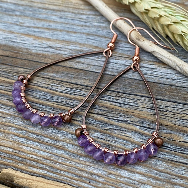 Boho Copper Wire Wrapped Amethyst Teardrop Earrings