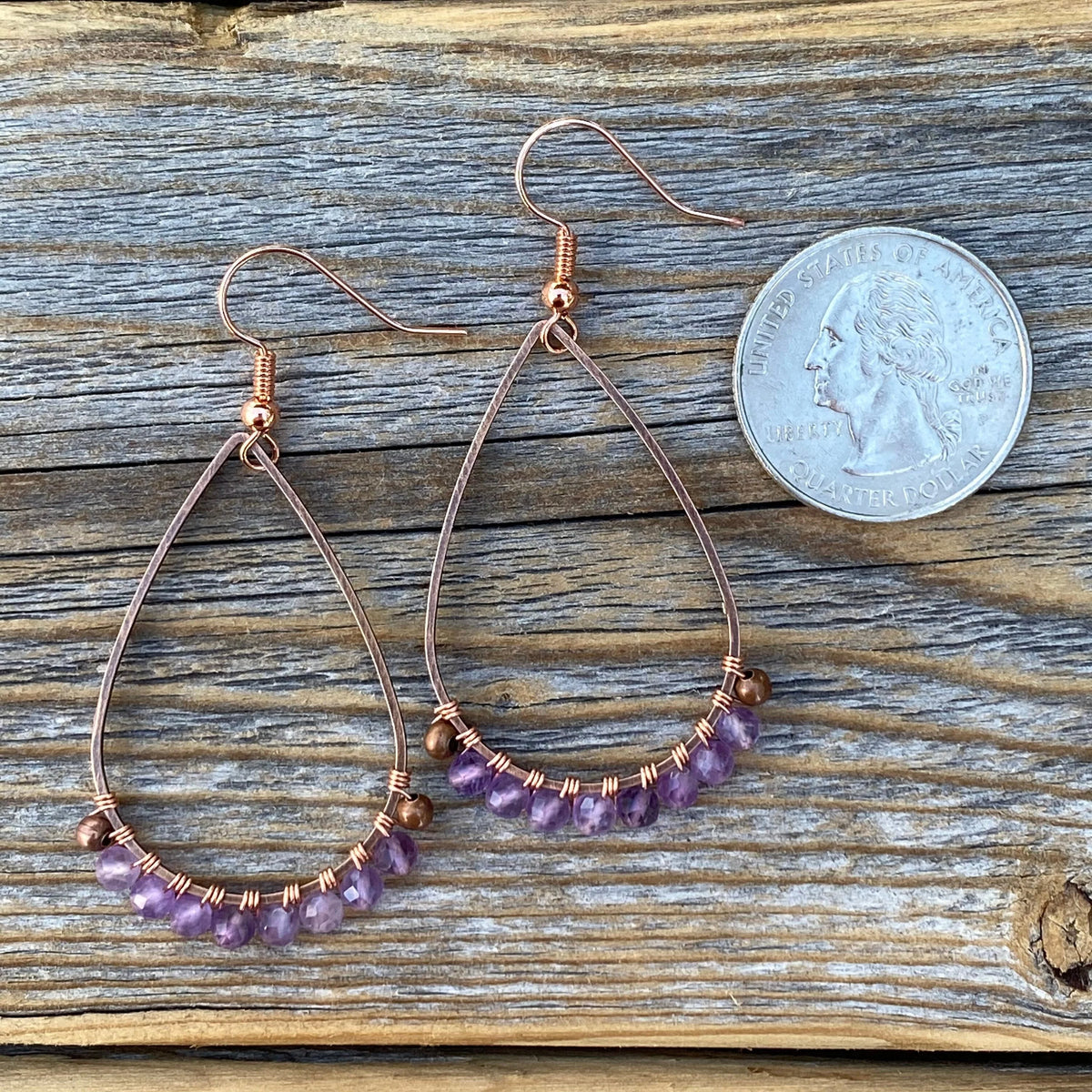 Boho Copper Wire Wrapped Amethyst Teardrop Earrings