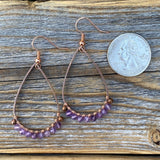 Boho Copper Wire Wrapped Amethyst Teardrop Earrings