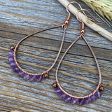 Boho Copper Wire Wrapped Amethyst Teardrop Earrings