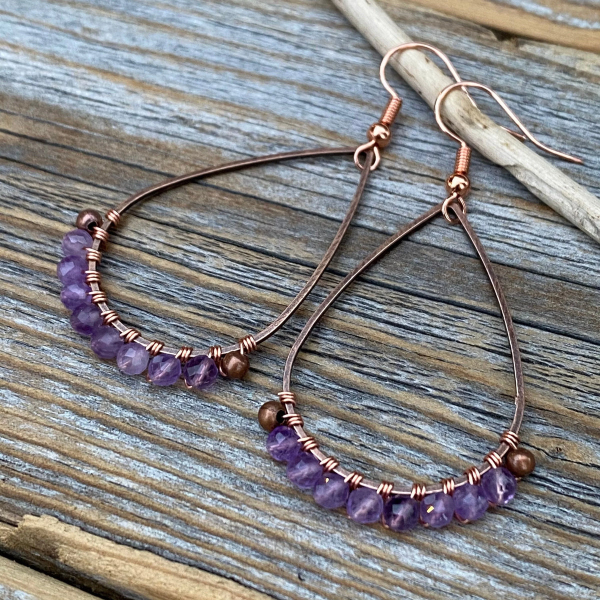 Boho Copper Wire Wrapped Amethyst Teardrop Earrings