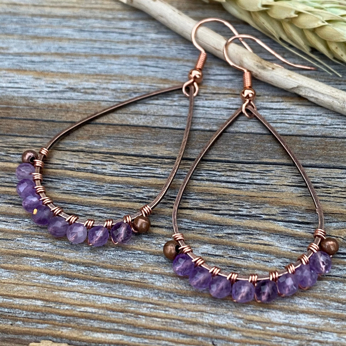 Boho Copper Wire Wrapped Amethyst Teardrop Earrings