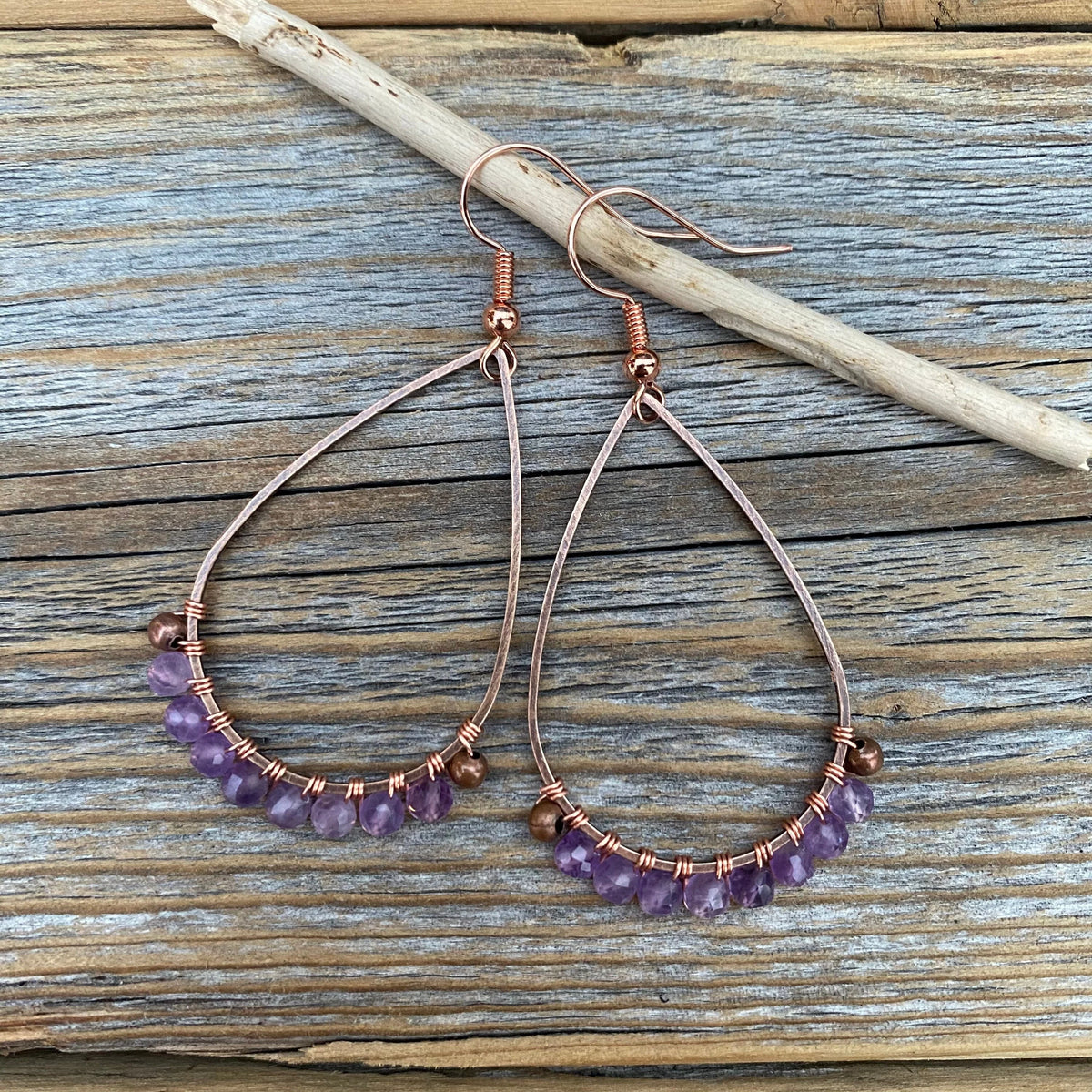 Boho Copper Wire Wrapped Amethyst Teardrop Earrings